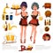 Pretty beer girl in german national dress with glass of beer. beer icon set. cheers concept