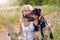 Pretty blond woman with her two dogs