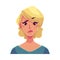 Pretty blond woman, upset, confused facial expression