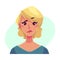 Pretty blond woman, upset, confused facial expression