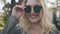 Pretty Blonde Girl Laugh Sunglasses Image Closeup