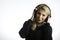 Pretty Blonde Wearing Studio Headphones Listening Music Isolated Background