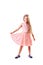 Pretty blondie six years old small girl on white background in pink prom dress