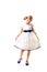 Pretty blondie six years old small girl on white background in white prom dress