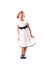 Pretty blondie six years old small girl on white background in white prom dress full height
