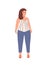 Pretty body positive woman flat vector illustration. Curvy brown hair girl in stylish outfit cartoon character. Plus