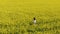 Pretty brunette walks along endless yellow flower field