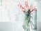 Pretty bunch of tulips in glass jug on white table at window. Flowers in interior design. Cozy home.