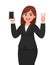 Pretty businesswoman showing blank screen mobile, cell or smart phone and gesturing or making victory, V or peace sign with hand.