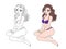 Pretty cartoon girl with brown hair wearing violet swimsuit. Sitting pose. Vector contour illustration. Can be used for sticker,