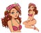 Pretty cartoon girl with curly hair wearing pink swimsuit and flower wreath