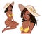 Pretty cartoon girl with dark skin, brown hair and wearing summer hat and yellow bikini