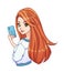 Pretty cartoon girl with long red hair taking selfie and wearing white shirt