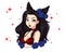 Pretty cartoon girl with wavy black hair, wearing red swimsuit and wreath