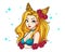 Pretty cartoon girl with wavy blonde hair, wearing blue swimsuit and wreath