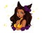 Pretty cartoon girl with wavy brown hair, wearing yellow swimsuit and wreath.