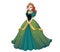 Pretty cartoon princess standing and wearing green ball dress. Red curly hair, big blue eyes
