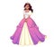 Pretty cartoon princess standing and wearing pink ball dress. Dark curly hair, big brown eyes