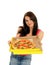 Pretty casual girl with pizza in delivery box