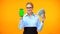 Pretty caucasian lady showing green screen smartphone and dollars, cash back