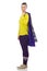 The pretty caucasian model in purple vest on white