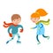Pretty cheerful little girl and boy thermal suits skating outdoors vector.