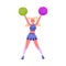 Pretty cheerleader girl raised hands up holding pompoms and dancing, vector cartoon character performance sport fan