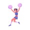 Pretty cheerleader is holding a pompom in action, vector cartoon character performs the dance, sport fan blue uniform