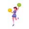 Pretty cheerleader is holding a pompom and dancing in action, vector cartoon character performs the jumps, sport fan