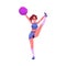 Pretty cheerleader is holding a pompom and dancing in action, vector cartoon character performs the split while standing