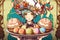 Pretty in a chef\\\'s hat holding a plate of beautifully decorated Easter eggs, intricate patterns Easter illustration manga