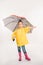 pretty child in rubber boots, yellow raincoat with umbrella,