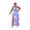 Pretty chubby fat woman portrait. African girl with plump curvy body, standing in elegant evening party dress. Modern