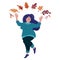 Pretty chubby woman dancing under falling leaves