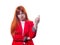 Pretty, confused business woman in red jacket pointing up a finger and thinking