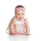 Pretty crawling baby girl on white background