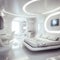 Pretty and cute bedroom futuristic interior design. High tech futuristic bedroom with sleek furniture.