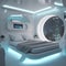 Pretty and cute bedroom futuristic interior design. High tech futuristic bedroom with sleek furniture.