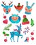 Pretty cute funny smiling animal set with Christmas mood. Hand painting acrylic, oil paint or gouache