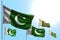 Pretty day of flag 3d illustration - 5 flags of Pakistan are wave on blue sky background