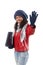 Pretty ethnic woman waving at wintertime