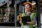 Pretty factory woman worker or technician smile and holds document file and stand in front of machine in factory