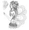 Pretty fairy girl looking at flying butterfly design for coloring book for adult