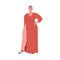 Pretty fat chubby woman wearing long evening cut-out maxi dress. Plump plus-size girl standing. Modern female with curvy