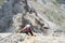 Pretty female climber in lilac shirt on a steep Via Ferrata in the italian Dolomites