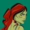 Pretty female creature with green skin, yellow eyes and long red hair.