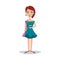 Pretty female student with a fashionable hairstyle in a bondi blue dress and earrings cartoon character vector