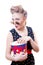 Pretty funny young blond elegant pinup woman with curlers round glasses
