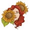 Pretty gilr with and long curly hair and sunflowers