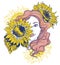 Pretty gilr with long curly hair and sunflowers